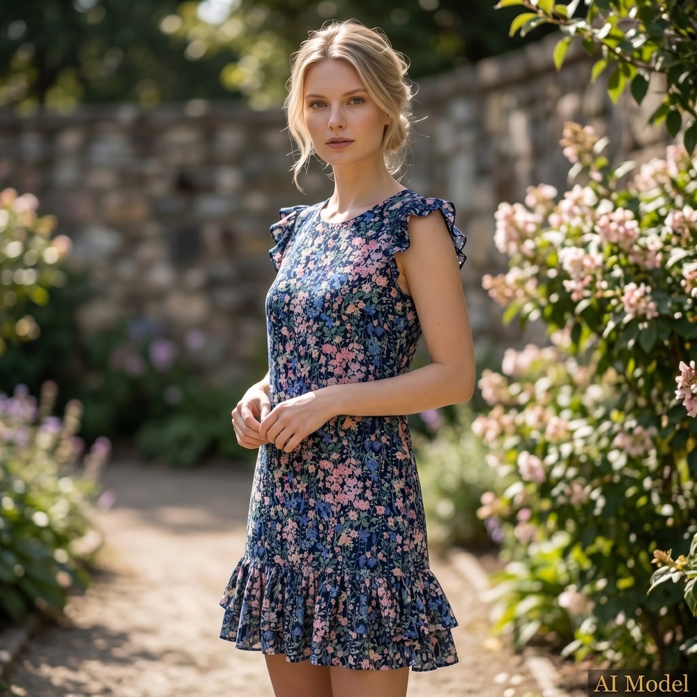 Tommy Hilfiger Floral Dress 8 Navy Blue Ruffle Hem‎ Flutter Sleeve TDNYIK1024
